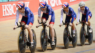 Great Britain Cycling Team's Laura Kenny, Emily Nelson, Elinor Barker and Ellie Dickinson train on the new-look CervÃ©lo T5GB