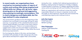 British Cycling s'est associée à Cycling UK pour publier une lettre ouverte.