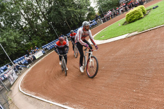 Cycle Speedway Knockout cup rider action shot on Leicester track.