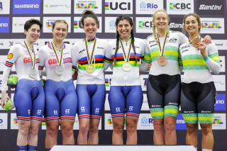 Sophie Unwin and Jenny Holl and Lizzi Jordan and Danni Khan on the podium at the 2024 UCI Para-cycling Track World Championshps
