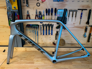 A bike frame in a workshop