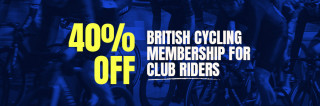Blue backdrop collage of cyclists with text: 40% off British Cycling Membership for Club Riders