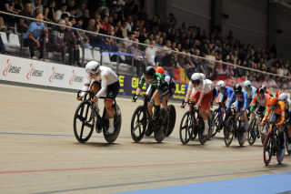 Neah Evans in the women's elimination at the 2025 UEC Track Elite European Championships