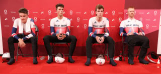 Tokyo 2020 Olympics - 02/08/2021 - Cycling Track - Izu Velodrome, Izu, Japan - Ethan Hayter, Edward Clancy, Ethan Vernon and Oliver Wood of Great Britain before the start of the men's team pursuit qualifying