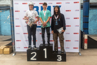 BMX Freestyle National Series in Dumbarton at Unit 23 Skatepark, male podium shot.