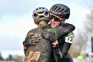 Ffion James hugging another competitor, post-race