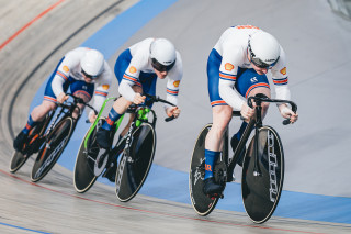 Hamish Turnbull, Jack Carlin and Ali Fielding competing in the Men's Team Sprint at the 2024 Track Elite European Championships in Apeldoorn, Netherlands.