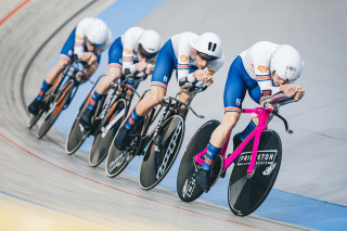 Dan Bigham, Ollie Wood, Ethan Vernon and Ethan Hayter competing in the Men's Team Pursuit at the 2024 Track Elite European Championships in Apeldoorn, Netherlands.