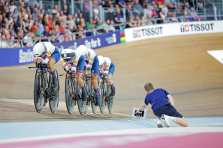 Meg Barker, Elinor Barker, Josie Knight and Anna Morris competing in the Women's Team Pursuit at the 2023 UCI Cycling World Championships in Glasgow