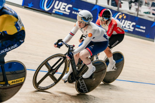 Anna Morris in the women's elimination race at the 2025 UEC Track Elite European Championships