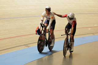 Josh Charlton celebrating after the men's IP at the 2025 UEC Track Elite European Championships