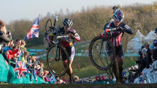 Sanne Cant and Katie Compton at the 2014 UCI Cyclo-cross World Cup in Milton Keynes.