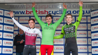 George Thompson, Nick Barnes and Jack Humphreys on the podium at 2015/16 British Cycling National Trophy Cyclo-cross Series round two in Derby.