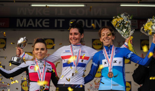 Nikki Brammeier on the podium after winning the 2019 HSBC UK | National Cyclo Cross Championships in Kent, with Anna Kay and Helen Wyman..