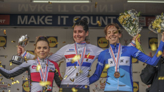 The women's podium at the National Cyclo-cross Championships in Kent, 2019.
