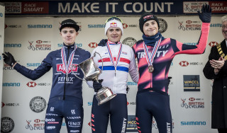 Tom Pidcock on the podium with Ben Tulett and Cameron Mason at the 2020 HSBC UK | National Cyclo-Cross Championships.