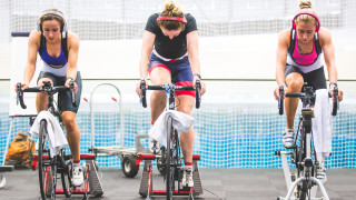 Great Britain Cycling Team's women team pursuit squad training in Derby.