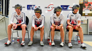 Ciara Horne, Laura Trott, Elinor Barker and Katie Archibald ready to ride at the 2015 UEC European Track Championships
