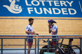 With the effort complete, Joanna Rowsell chats with Mark Cavendish. 