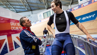 Great Britain Cycling Team soigneur Luc de Wilde with Lewis Oliva. 