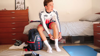 Ollie Wood gets ready to ride to the velodrome in Montichiari