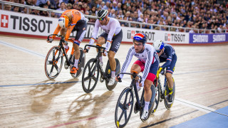 Mark Cavendish competes in the elimination race at the UCI Track Cycling World Championships