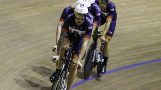 Team GB's Sir Bradley Wiggins leads the men's team pursuit in Newport