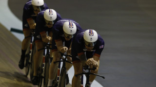 Team GB's Sir Bradley Wiggins, Ed Clancy, Steven Burke and Owain Doull in team pursuit training.