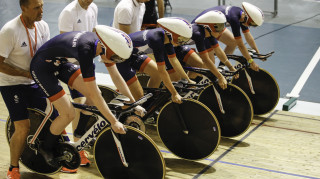Team GB's Ciara Horne, Elinor Barker, Laura Trott and Joanna Rowsell Shand ready to start an effort in Newport.