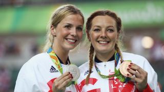 Team GB's Becky James and Katy Marchant celebrate their silver and bronze sprint medals at the Rio Olympics
