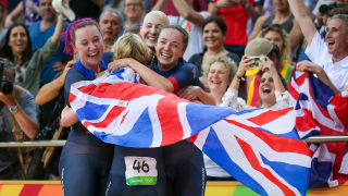 Laura Kenny, Joanna Rowsell Shand, Elinor Barker and Katie Archibald celebrate Olympic team pursuit gold.