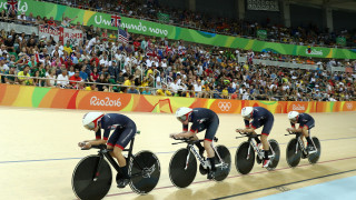 Team GB's Katie Archibald, Elinor Barker, Joanna Rowsell Shand and Laura Trott on their way to team pursuit gold at the Rio Olympics