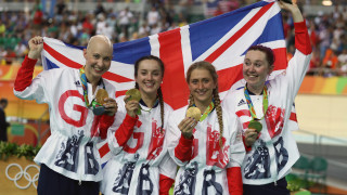 Team GB's Joanna Rowsell Shand, Elinor Barker, Laura Trott and Katie Archibald celebrate team pursuit gold at the Rio Olympic Games