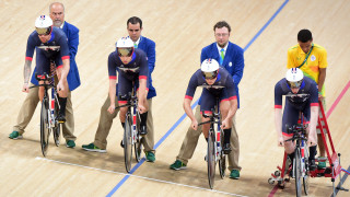 Team GB's Steven Burke, Ed Clancy, Owain Doull and Sir Bradley Wiggins start the team pursuit final at the Rio Olympic Games