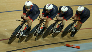 Team GB's Steven Burke, Ed Clancy, Owain Doull and Sir Bradley Wiggins on their way to team pursuit gold at the Rio Olympics