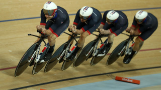 Team GB's Steven Burke, Ed Clancy, Owain Doull and Sir Bradley Wiggins on their way to team pursuit gold at the Rio Olympics