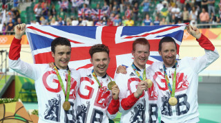 Team GB's Steven Burke, Ed Clancy, Owain Doull and Sir Bradley Wiggins celebrate team pursuit gold at the Rio Olympics