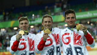 Team GB's Phil Hindes, Jason Kenny and Callum Skinner celebrate team sprint gold at the Rio Olympics