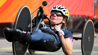 Karen Darke competes for Great Britain in the road race at the Paralympic Games