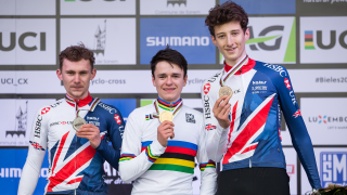 World champion Tom Pidcock with silver medallist Dan Tulett and bronze medallist Ben Turner