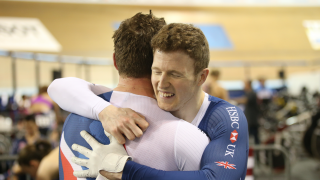 Great Britain Cycling Team's James Ball and Matt Rotherham celebrate after winning the tandem time trial at the UCI Para-cycling Track World Championships