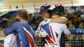 Great Britain Cycling Team's James Ball and Matt Rotherham (r) celebrate gold in the tandem sprint while Neil Fachie and Craig Maclean celebrate silver