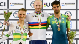 Great Britain Cycling Team's Jon Gildea celebrates winning gold in the scratch race at the 2017 UCI Para-cycling Track World Championships