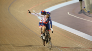 Great Britain Cycling Team's Sophie Thornhill and Corrine Hall celebrate winning tandem sprint gold, their third world title of the week