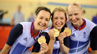 Dani King, Laura Kenny and Joanna Rowsell Shand celebrate Olympic team pursuit gold at London 2012
