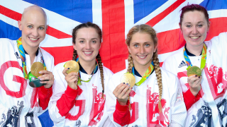 Joanna Rowsell Shand celebrates Rio Olympic team pursuit gold with Elinor Barker, Laura Kenny and Katie Archibald