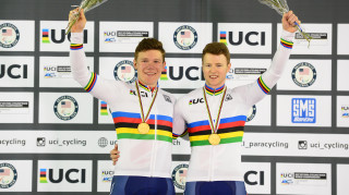 Great Britain Cycling Team's Matt Rotherham and James Ball on the podium at the UCI Para-cycling Track World Championships 