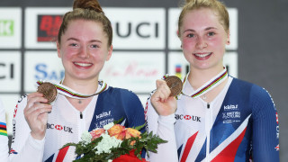 Lauren Bate and Georgia Hilleard with team sprint bronze medals at the UCI Junior Track Cycling World Championships. 