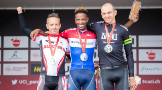 Will Bjergfelt celebrates winning bronze in the road race at the UCI Para-cycling Road World Cup