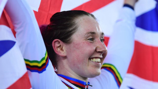 Katie Archibald celebrates winning the Madison world title at the UCI Track Cycling World Championships in Hong Kong